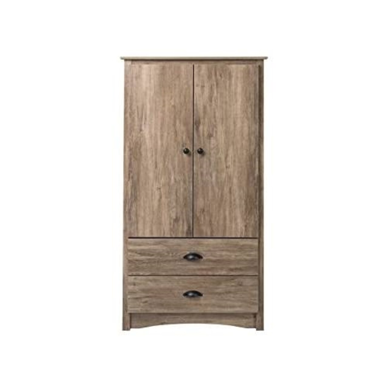 Rustic Grey Oak 2-Drawer Armoire Wardrobe Cabinet with Adjustable Shelves and Hanging Storage